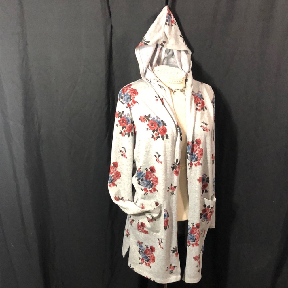 Lily White hooded cardigan size small. Floral print on heathered grey background